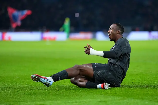 Willian Pacho of Paris Saint-Germain celebrates