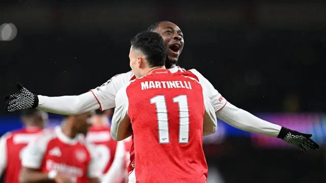 Gabriel Martinelli of Arsenal celebrates with Eberechi Eze