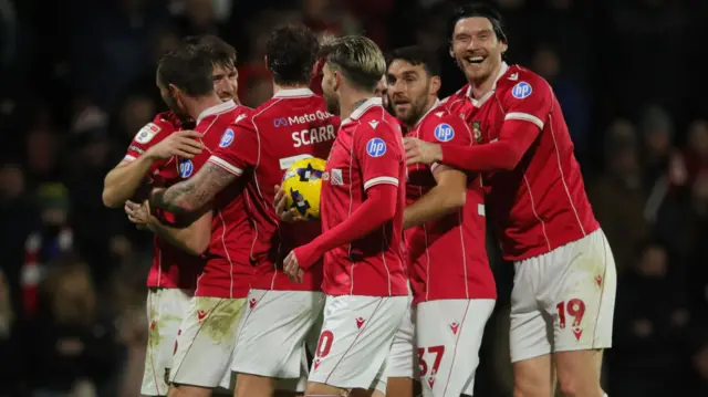 Wrexham celebrate their second goal v Bristol City
