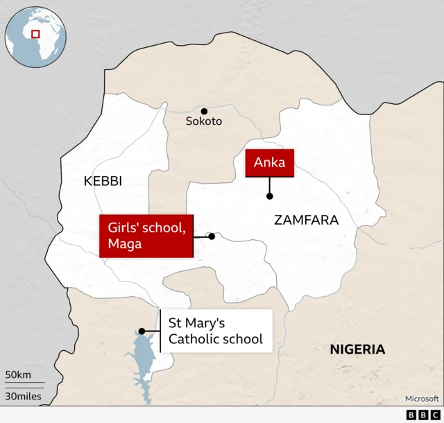 A BBC map showing the location of the schools in Nigeria where girls have been kidnapped and Anka where they were released