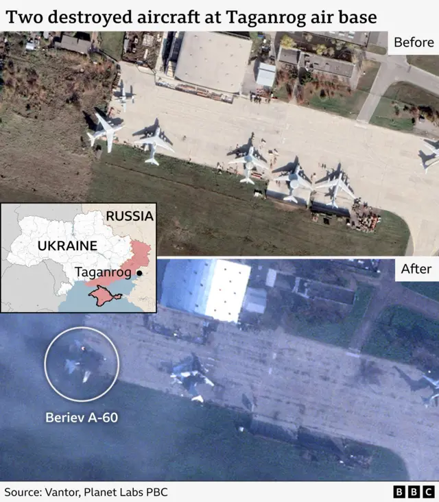 Annotated before (top) and after satellite imagery showing the aircraft parked at Taganrog that were destroyed