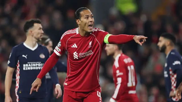 Virgil van Dijk of Liverpool reacts