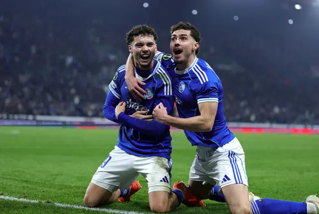 Samir El Mourabet of Strasbourg celebrates scoring his team's second goal with teammate Joaquin Panichelli
