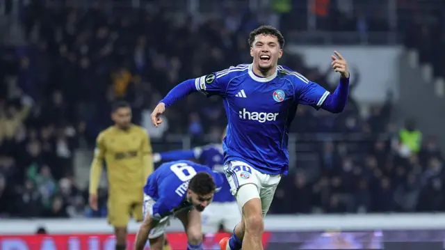 Samir El Mourabet of Strasbourg celebrates scoring