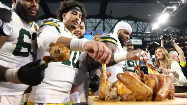 Jordan Love, Micah Parsons and their Green Bay Packers team-mates eat turducken after their Thanksgiving win at Detroit