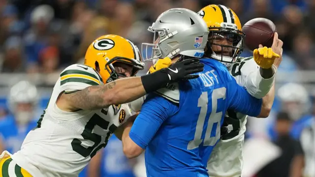 Jared Goff of Detroit Lions is sacked against Green Bay