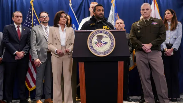 FBI Director Kash Patel speaks during a press conference with U.S. Attorney for D.C. Jeanine Pirro and other authorities