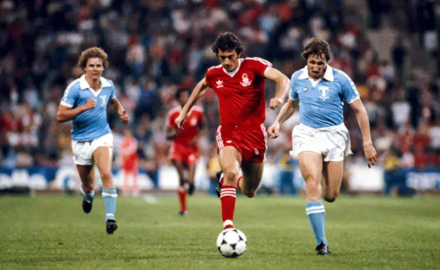 Trevor Francis running with the ball for Nottingham Forest in the 1979 European Cup final