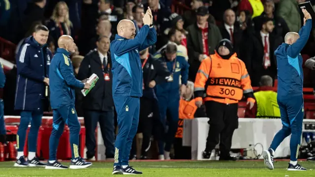 Nottingham Forest's manager Sean Dyche applauds his side's supporters