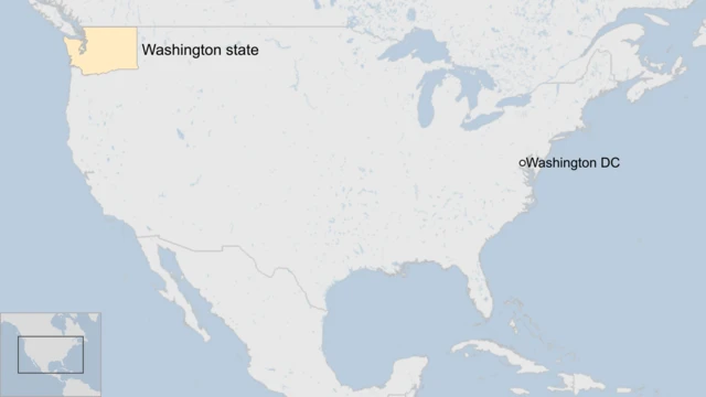 A map with a blue background clearly labelled to show Washington state on the west coast and Washington DC on the east coast