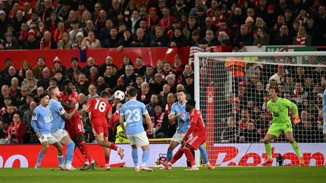 Nicolas Dominguez attempts a header at goal