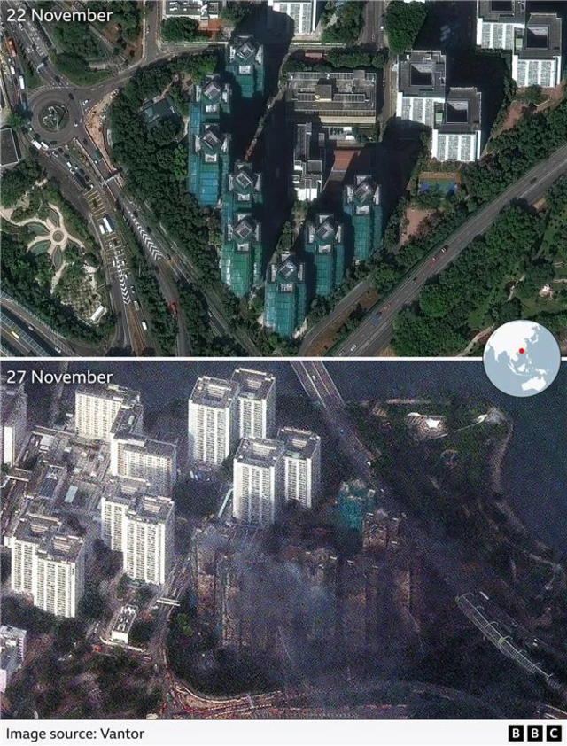 A side-by-side comparison of satellite images from before and after the fire, with seven buildings badly burned and smoke rising off them