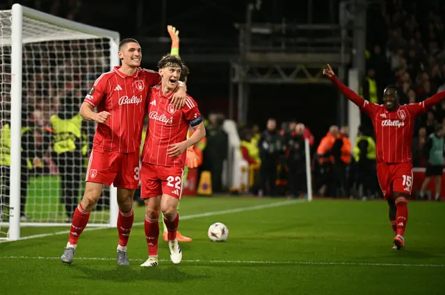 Nottingham Forest defender #31 Nikola Milenkovic (L) celebrates
