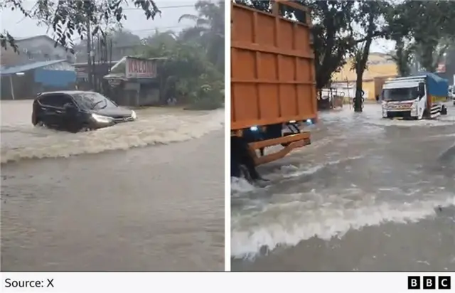 Twwo screenshots of a flooded road, one showing a car in water up to its bonnet and the other showing trucks driving through floodwater