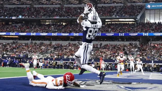 Dallas Cowboys wide receiver CeeDee Lamb catches a pass for a touchdown against the Kansas City Chiefs