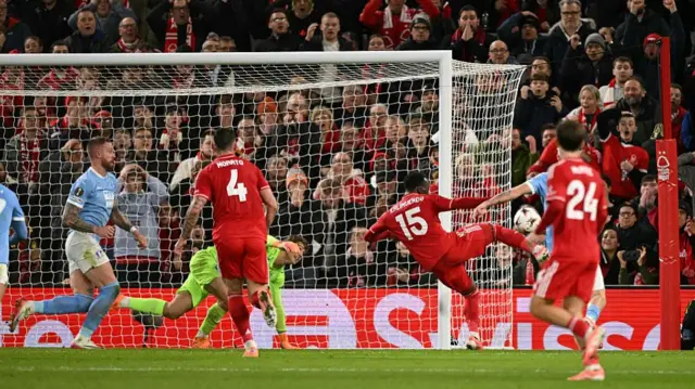 Arnaud Kalimuendo scores his team's second goal