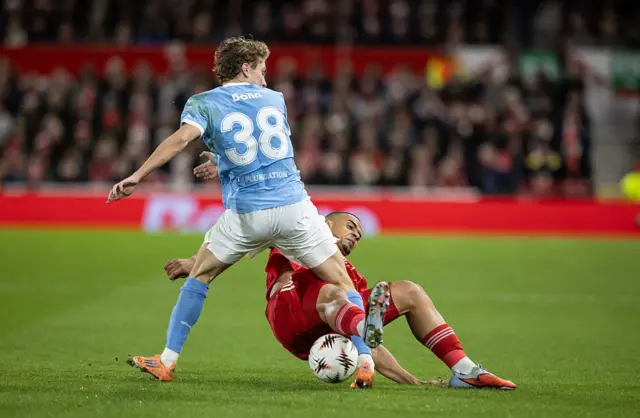 Nottingham Forest's Murillo tackles Malmo's Hugo Bolin