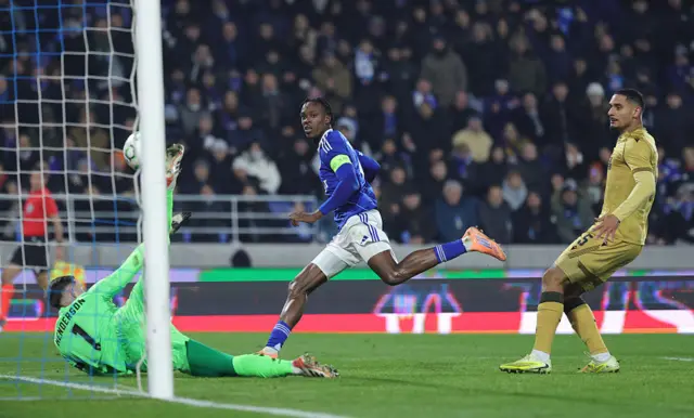 Emanuel Emegha of Strasbourg scores