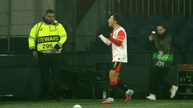 Ayase Ueda of Feyenoord celebrates scoring