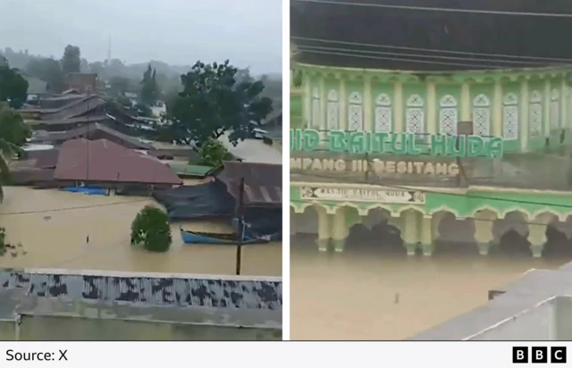 Two screenshots next to each other, one showing flooded houses with only roofs visible and the other showing a flooded mosque