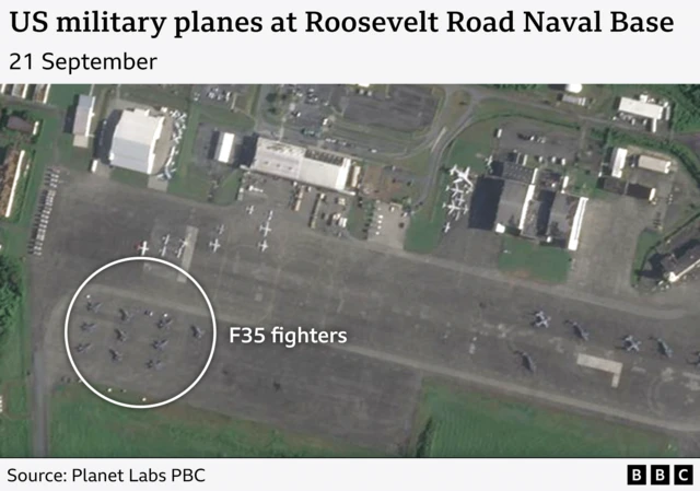 A satellite image of the naval base, with 10 F35 fighter jets and around a dozen other aircraft visible