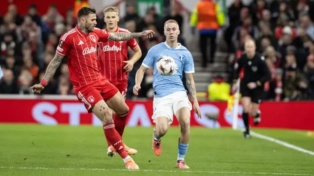 Nottingham Forest's Morato competing with Malmo's Daniel Gudjohnsen