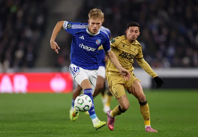 Lucas Hogsberg of Strasbourg runs on the ball