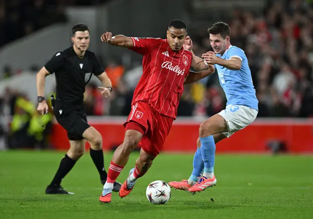 Murillo of Nottingham Forest is challenged by Lasse Berg Johnsen of Malmo