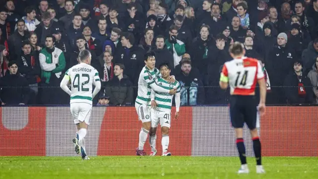 Celtic's Yang Hyun-Jun (L) and Reo Hatate (R) celebrate
