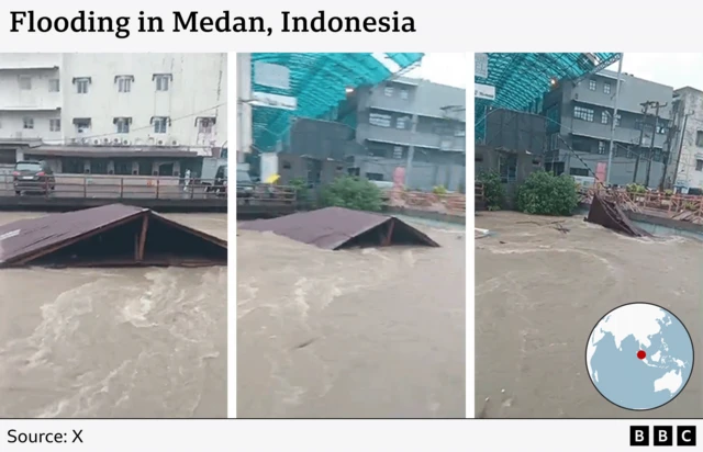Three screenshot from the video showing a roof being swept down a river
