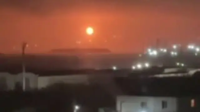 A screengrab from a verified video of the attack on Saratov refinery