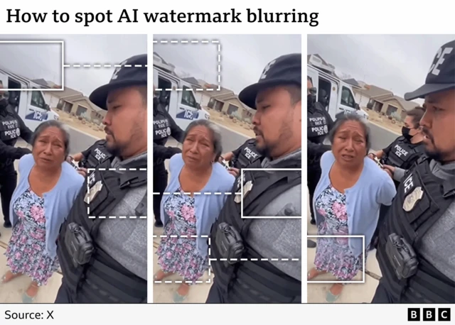 Annotated BBC graphic showing where the AI engine's watermark has been removed from the fake video