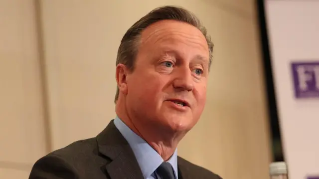Former Prime Minister David Cameron wears a dark suit and blue shirt while speaking during an event