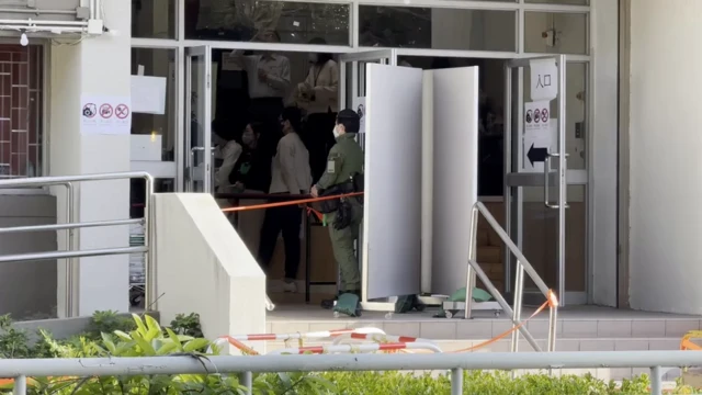 A view of the door to the community hall