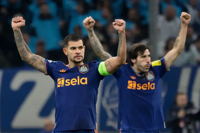 Bruno Guimaraes and Sandro Tonali of Newcastle