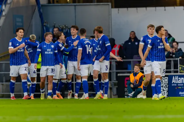 Cardiff celebrate their opening goal against Mansfield
