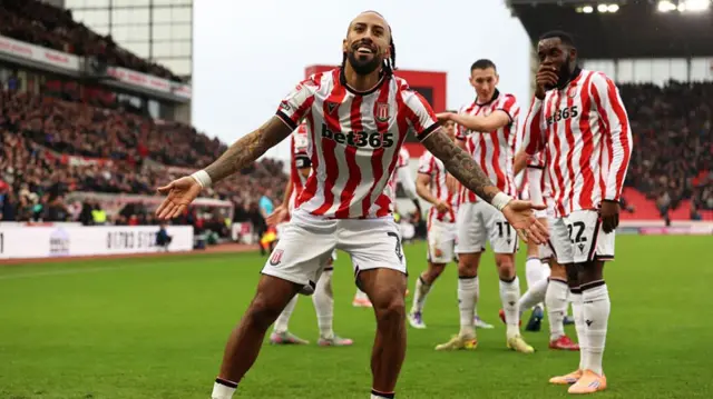 Stoke goalscorer Sorba Thomas celebrates