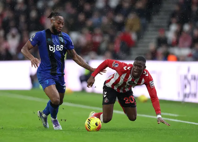 Nordi Mukiele of Sunderland is fouled by Antoine Semenyo of AFC Bournemouth