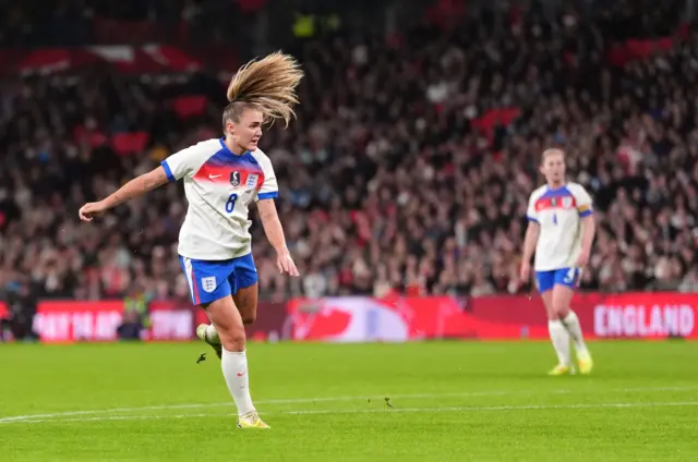 England's Georgia Stanway scores their side's fourth goal of the game during the women's international friendly match at Wembley Stadium, London.