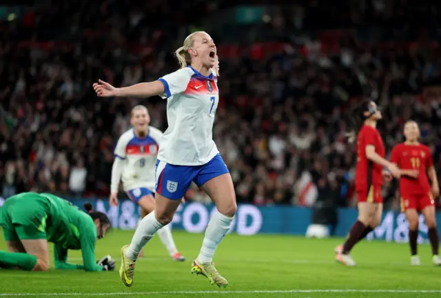 England's Beth Mead celebrates scoring their third goal