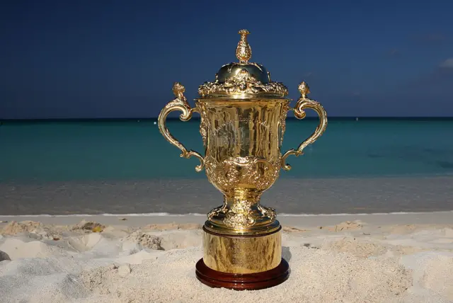 Rugby World Cup trophy on beach