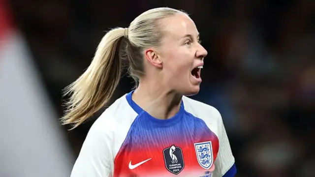 Beth Mead of England celebrates scoring her team's first goal during the Women's international friendly match between England and China PR at Wembley Stadium on November 29, 2025 in London, England.