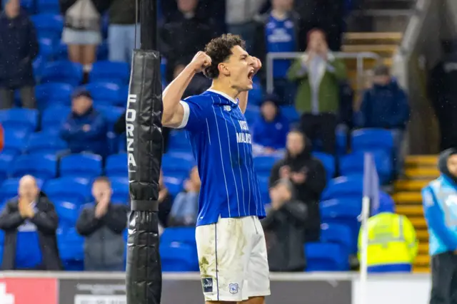 Yousef Salech celebrates scoring for Cardiff against Mansfield