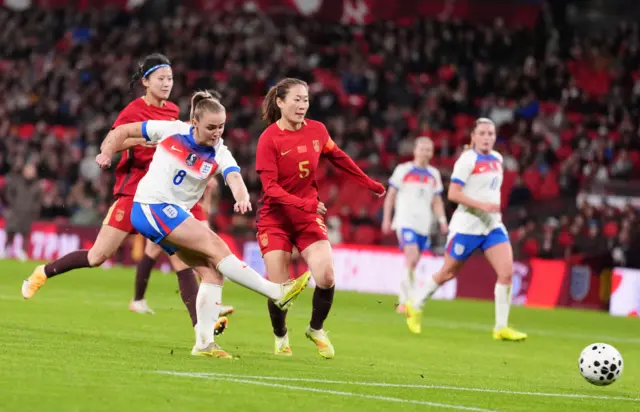England's Georgia Stanway scores their side's sixth goal of the game, completing her hat-trick, during the women's international friendly match at Wembley Stadium, London.