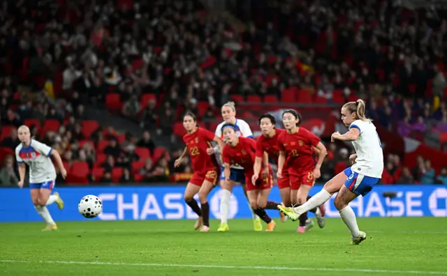 Georgia Stanway of England scores her team's fifth goal from the penalty spot during the Women's international friendly match between England and China PR at Wembley Stadium on November 29, 2025 in London, England.
