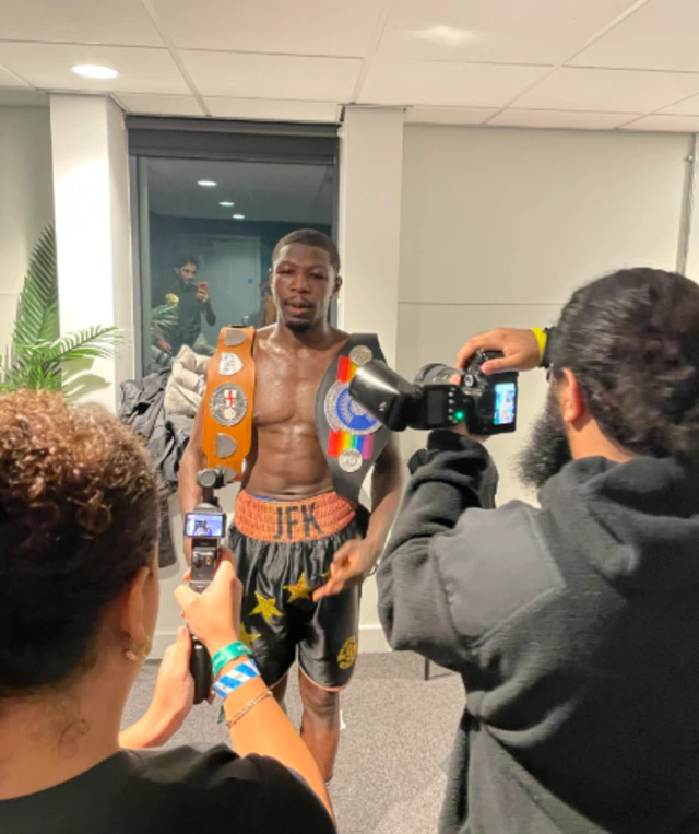Joel Kodua, Anthony Yarde and Tunde Ajayi backstage in a dressing room
