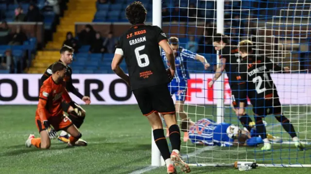 Kilmarnock midfielder Scott Tiffoney's header looks to have crossed the line