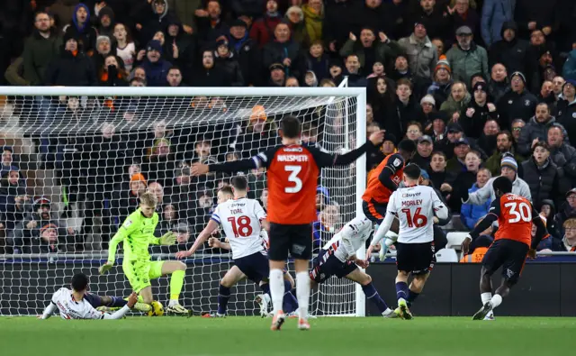 Gideon Kodua scores for Luton against Bolton