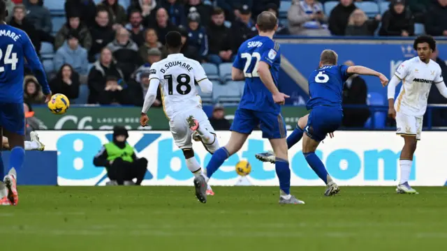 Jordan James scores Leicester's second goal against Sheffield United