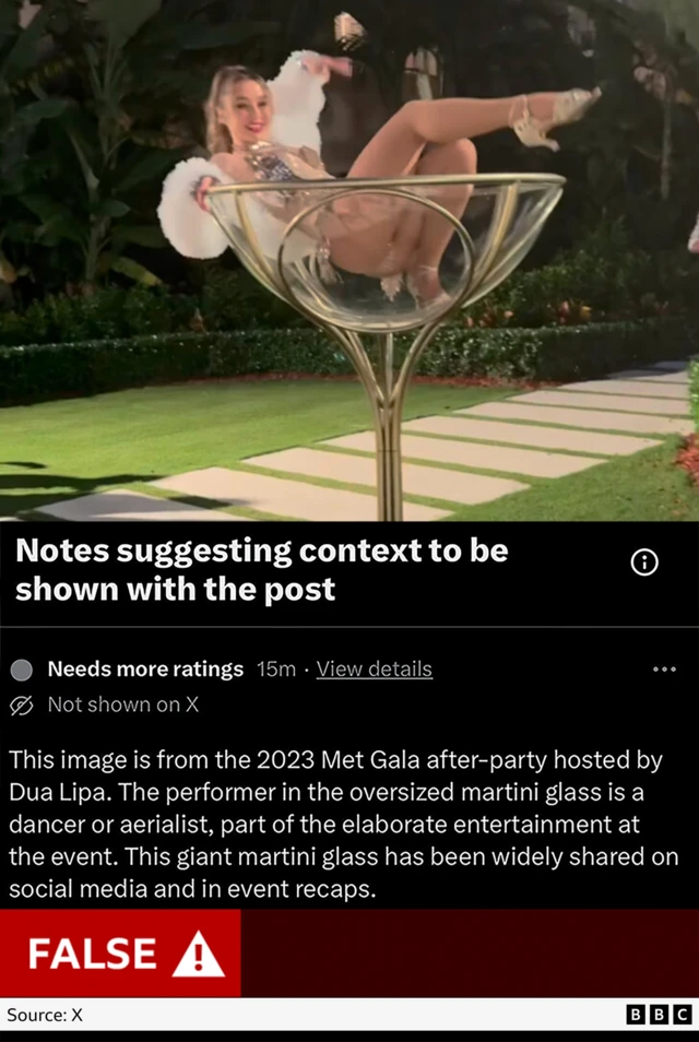 An image of the Mar-a-Lago dancer and the proposed community note saying: "This image is from the 2023 Met Gala hosted by Dua Lipa" which is false
